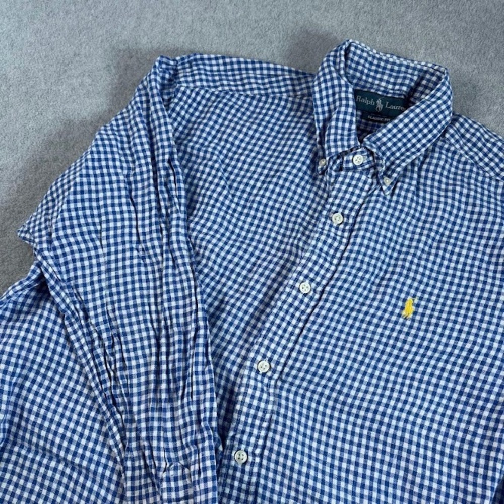 Ralph Lauren Button Down Shirt Mens L Blue White Gingham Classic Fit Seersucker
